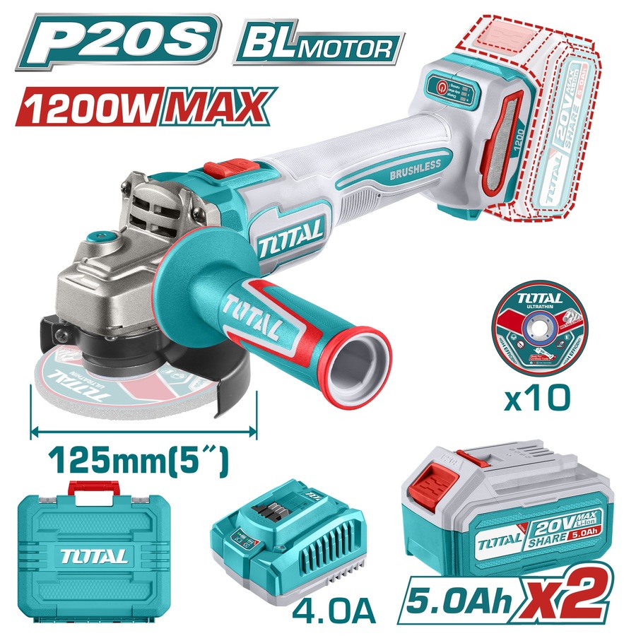TAGLI2212532E TOTAL ΕΠΑΓΓ. ΣΕΤ ΓΩΝΙΑΚΟΣ ΤΡΟΧΟΣ 125mm ΜΠΑΤ. Li-ion 20V / 5Ah / 2 ΜΠΑΤ (TAGLI2212532E) - Image 1