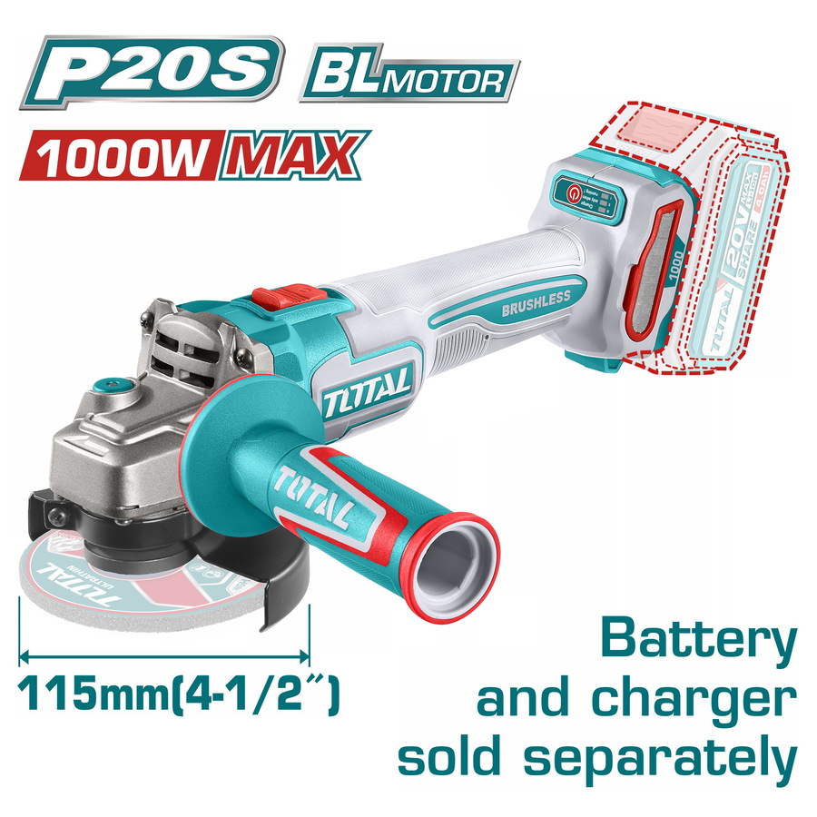TAGLI27153 TOTAL ΕΠΑΓΓ. ΓΩΝΙΑΚΟΣ ΤΡΟΧΟΣ ΜΠΑΤ. Li-ion 20V / 115mm ΧΩΡΙΣ ΜΠΑΤΑΡΙΑ & ΦΟΡΤΙΣΤΗ (TAGLI27153) - Image 1
