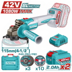 TOTAL ΕΠΑΓΓ. ΣΕΤ ΓΩΝΙΑΚΟΣ ΤΡΟΧΟΣ 115mm ΜΠΑΤ. Li-ion 42V / 2Ah / 2 ΜΠΑΤ BL Motor (TAGLI4108112E)