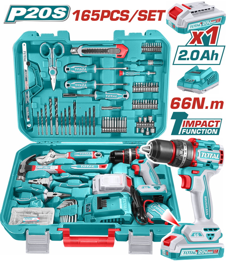 THKTHP11652E TOTAL ΕΠΑΓΓ. ΣΕΤ ΔΡΑΠ/ΒΙΔΟ ΚΡΟΥΣΤΙΚΟ ΜΠΑΤ. Li-ion 20V/2Ah/66Nm/1 ΜΠΑΤ BL Motor 165ΤΕΜ (THKTHP11652E) - Image 1