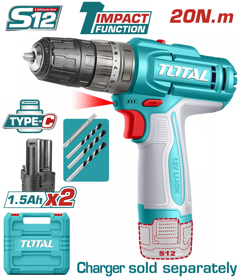 TIDLI12206E TOTAL ΔΡΑΠ/ΒΙΔΟ ΚΡΟΥΣΤΙΚΟ ΜΠΑΤ. Li-ion 12V / 1.5Ah / 20Nm / 2 ΜΠΑΤ Type-C (TIDLI12206E) - Image 1
