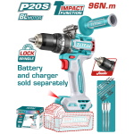 TOTAL ΕΠΑΓΓ. ΔΡΑΠ/ΒΙΔΟ ΚΡΟΥΣΤΙΚΟ ΜΠΑΤ. Li-ion 20V/96Nm ΧΩΡΙΣ ΜΠΑΤ & ΦΟΡΤΙΣΤΗ BL Motor (TIDLI209685)