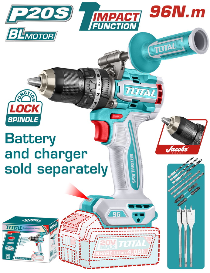 TIDLI209685 TOTAL ΕΠΑΓΓ. ΔΡΑΠ/ΒΙΔΟ ΚΡΟΥΣΤΙΚΟ ΜΠΑΤ. Li-ion 20V/96Nm ΧΩΡΙΣ ΜΠΑΤ & ΦΟΡΤΙΣΤΗ BL Motor (TIDLI209685) - Image 1