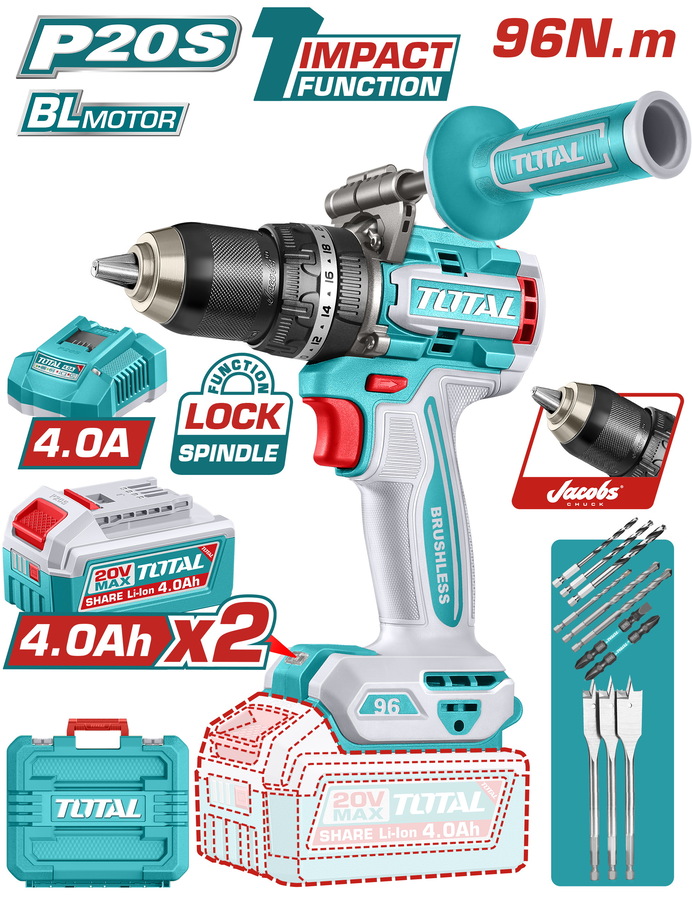 TIDLI209686E TOTAL ΕΠΑΓΓ. ΔΡΑΠ/ΒΙΔΟ ΚΡΟΥΣΤΙΚΟ ΜΠΑΤ. Li-ion 20V / 4Ah / 96Nm / 2 ΜΠΑΤ BL Motor (TIDLI209686E) - Image 1