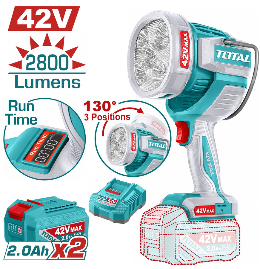 TWLI42896E TOTAL ΕΠΑΓΓ. ΠΡΟΒΟΛΕΑΣ LED ΜΠΑΤ. Li-ion 42V / 50W / 2Ah / 2 ΜΠΑΤ (TWLI42896E) - Image 1