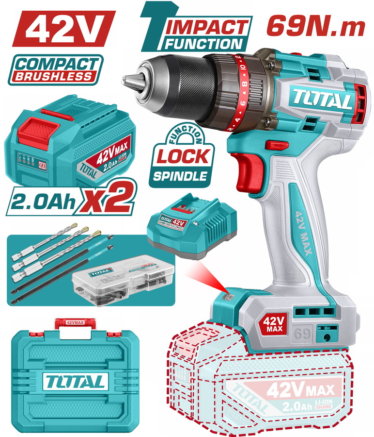 TIDLI426982E TOTAL ΕΠΑΓΓ. ΔΡΑΠ/ΒΙΔΟ ΚΡΟΥΣΤΙΚΟ ΜΠΑΤ. Li-ion 42V / 2Ah / 69Nm / 2 ΜΠΑΤ BL Motor (TIDLI426982E) - Image 1